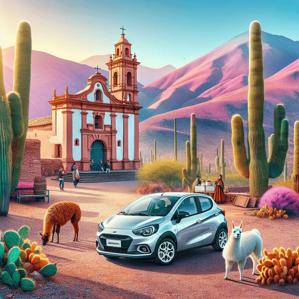 City car in Salta with church, mountains, cacti, llama and people
