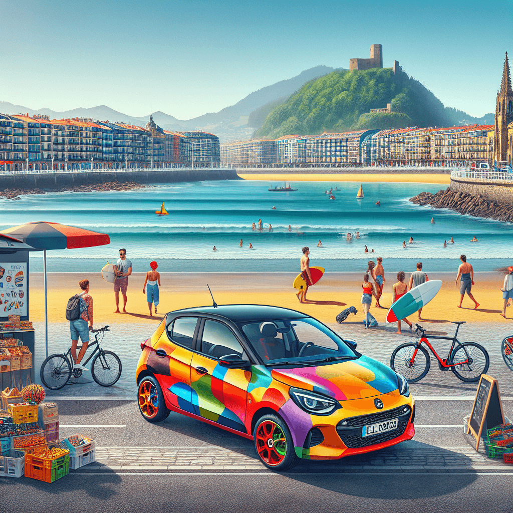 City car by San Sebastian seaside, locals with surfboards
