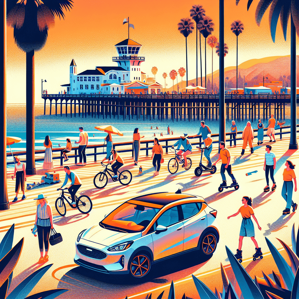 City car in vibrant Santa Monica, pier, cyclists, palm trees
