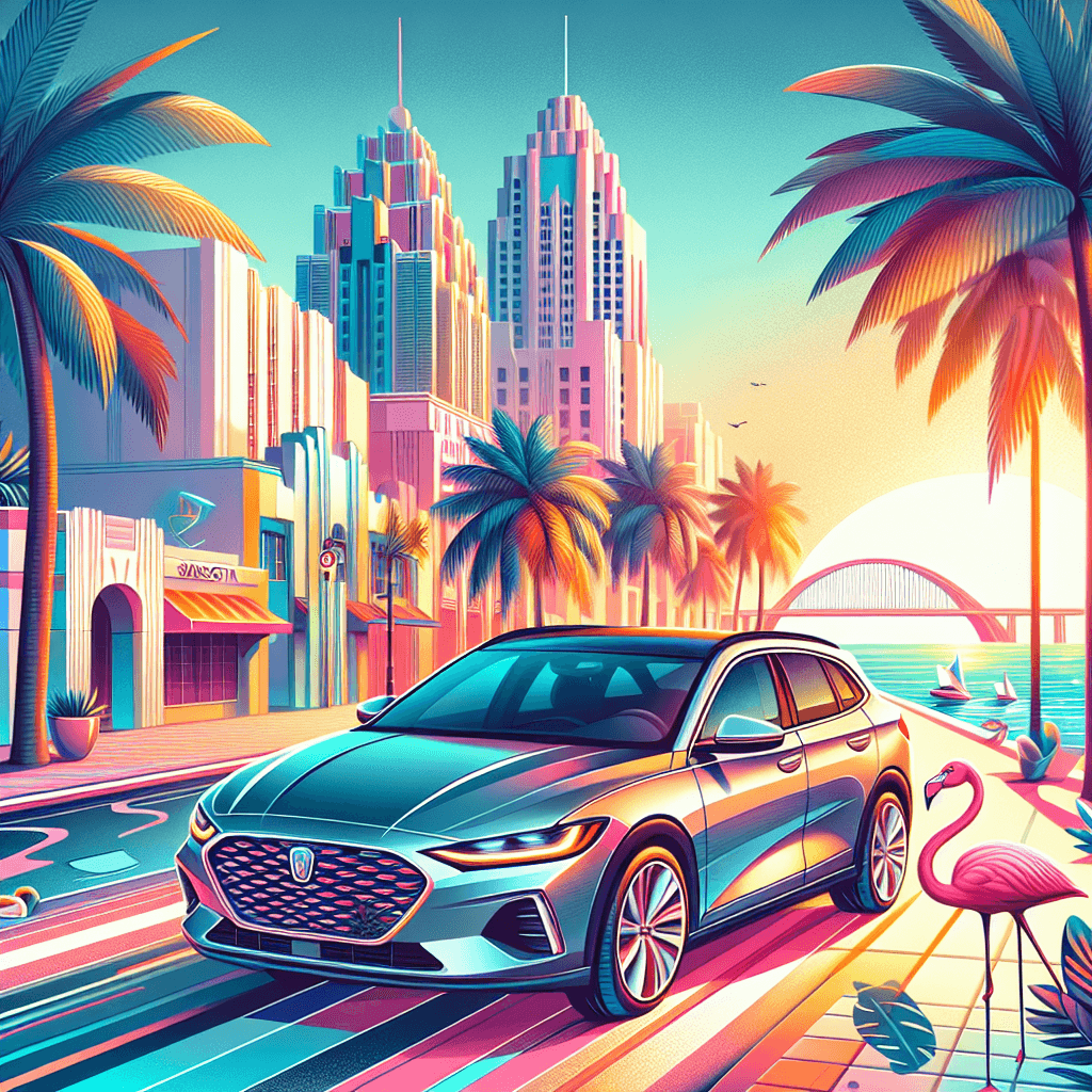 City car on vibrant Sarasota street with dolphins, flamingo, and bridge.