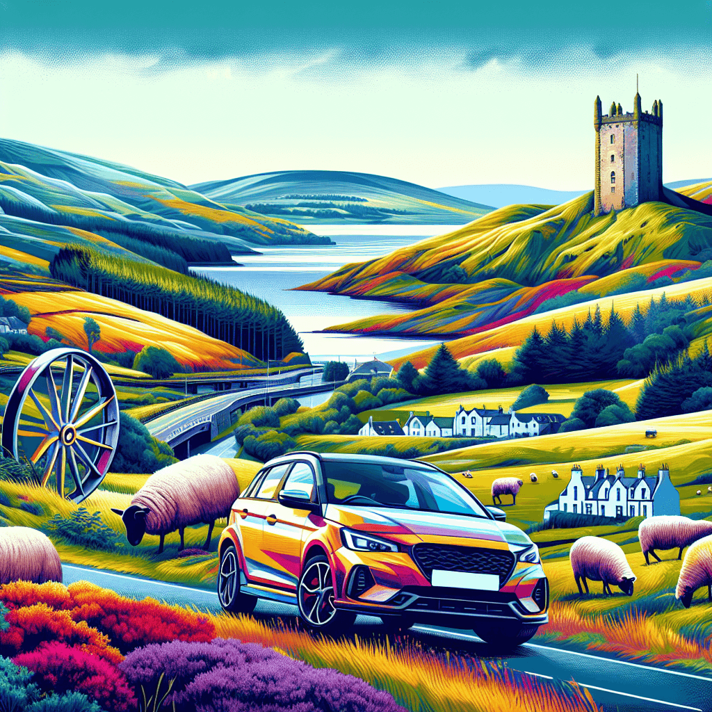 City car in Scottish Borders landscape with historic tower, sheep and River Tweed