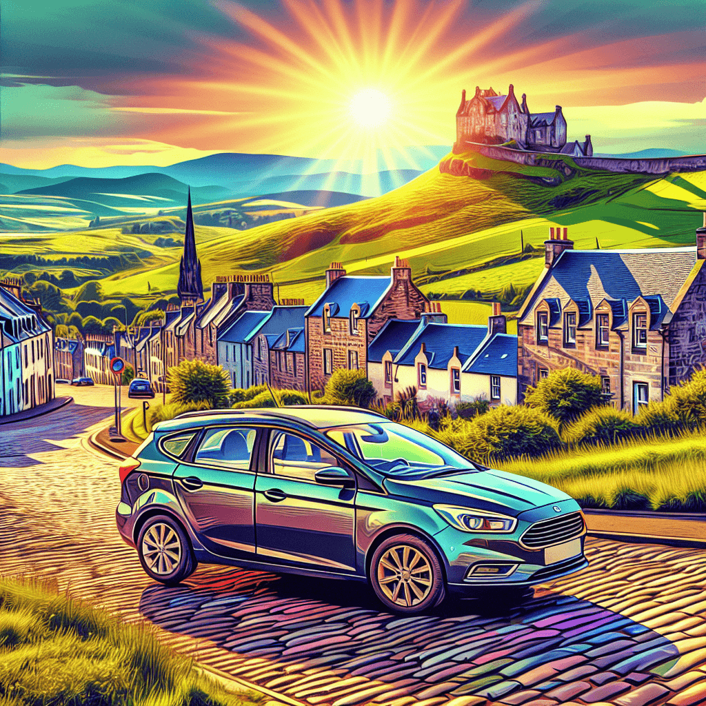 City car in Fife, ancient Scottish castle, countryside houses