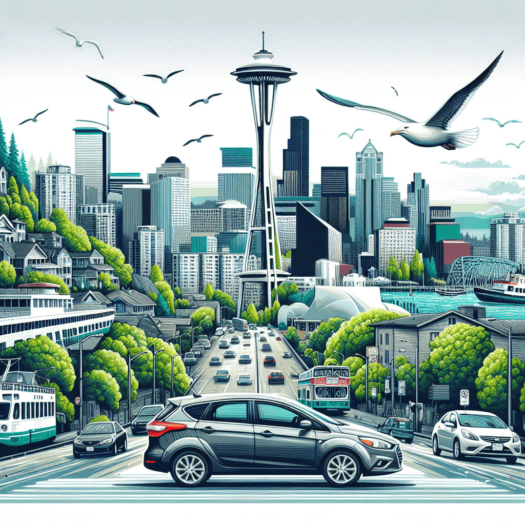 City car amidst iconic Seattle landscape, bustling city life