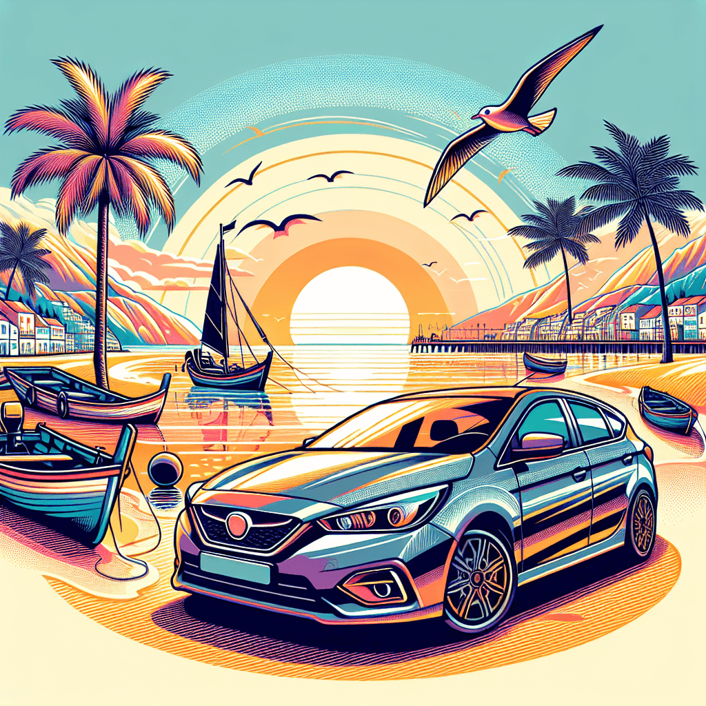 City car, beach, Setúbal, fishermen boats, mountains, vibrant sunset