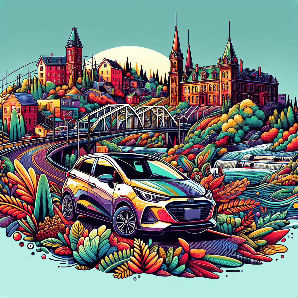 City car amidst Sherbrooke's red buildings, bridge, and vibrant flora