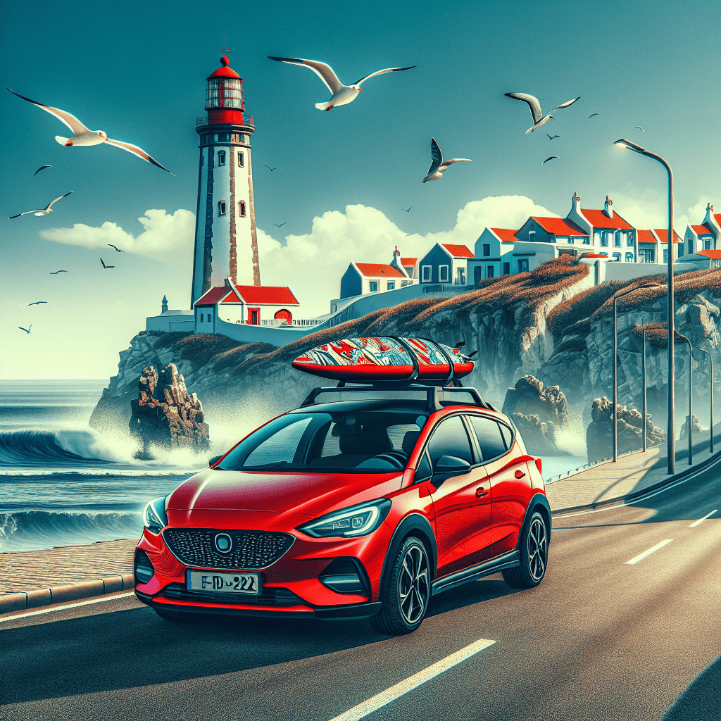 Red city car, surfboard, lighthouse, seagulls over Sines' coast