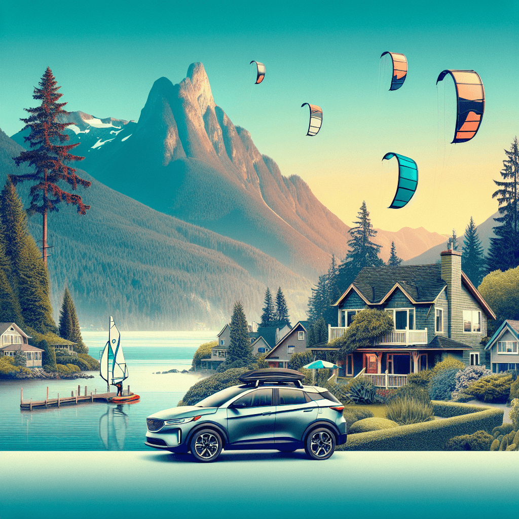 City car among Squamish landscape, mountain, forests, kitesurfers and cottages