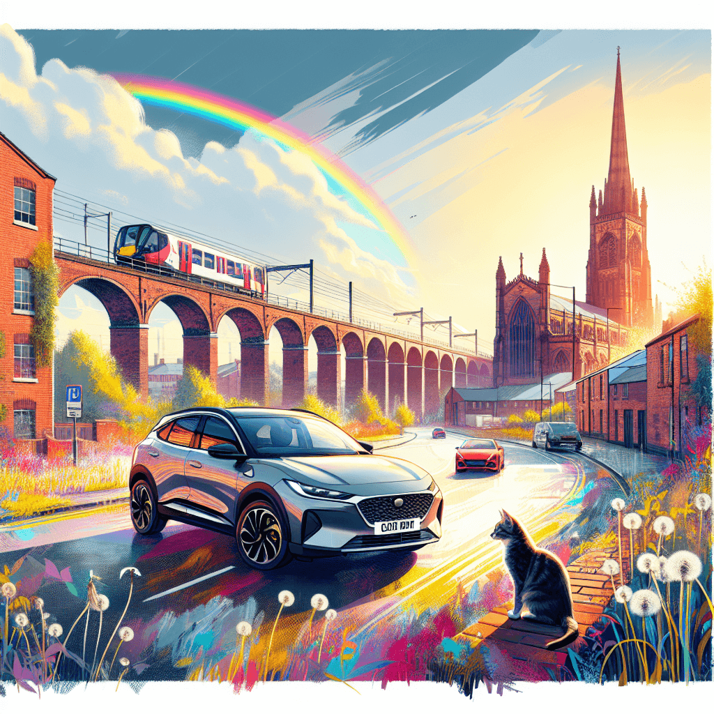 City car against Stockport backdrop, underneath rainbow, near Gothic church.
