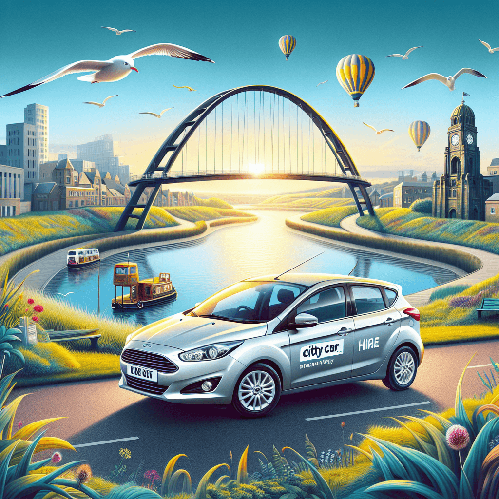 City car hire in Stockton landscape, showcasing Infinity Bridge and hot air balloons