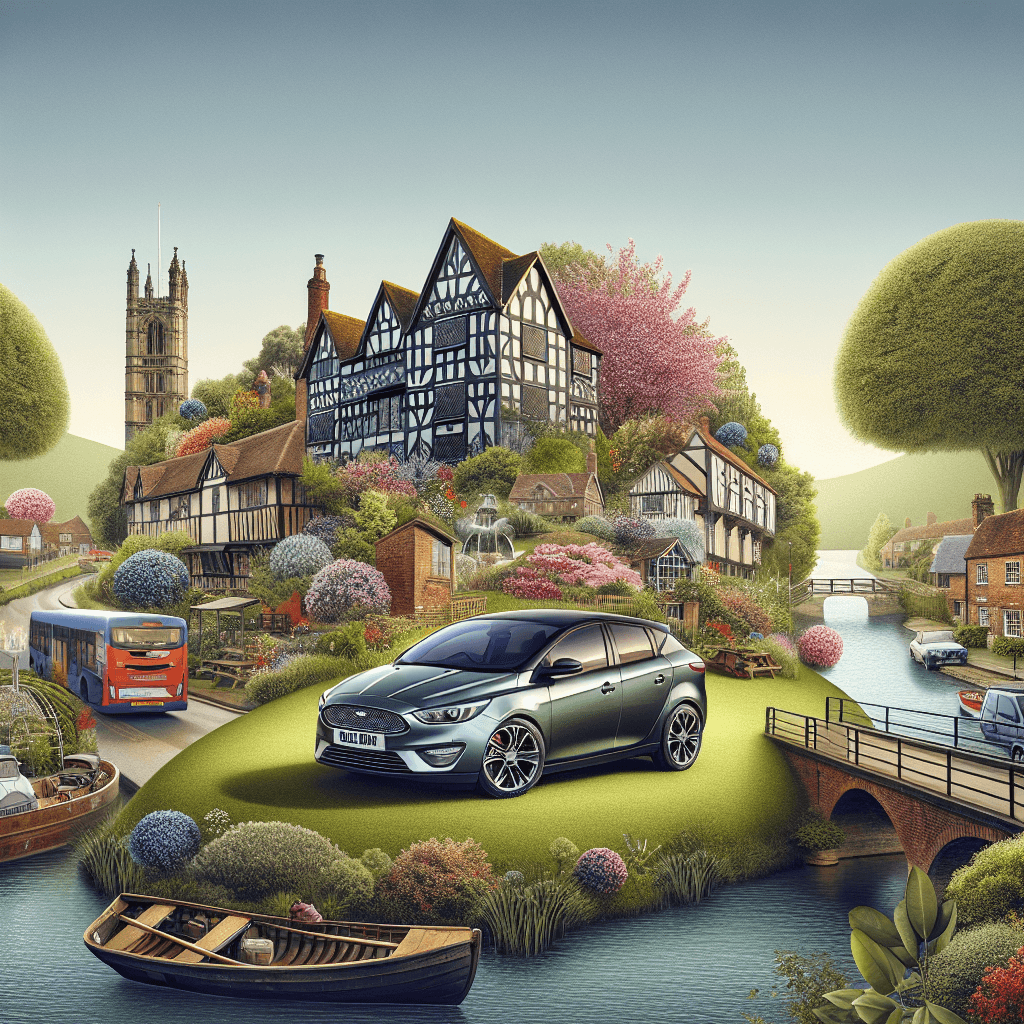 City car cruising in scenic Stratford, half-timbered houses, theatre, river nearby