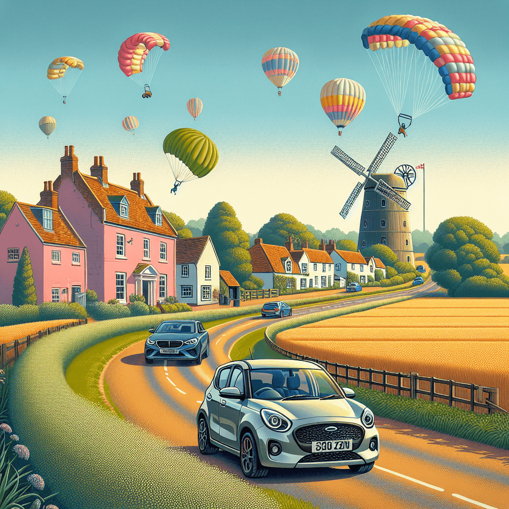 City car on Suffolk road with cottages, windmill, parachutists and hot air balloons
