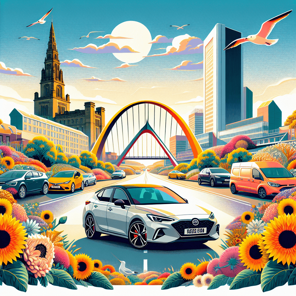City car at Sunderland with Penshaw Monument, Northern Spire, sunflowers and seagulls