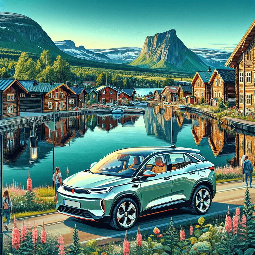 City car in Ostersund with mountains, lake, log houses, vibrant flowers