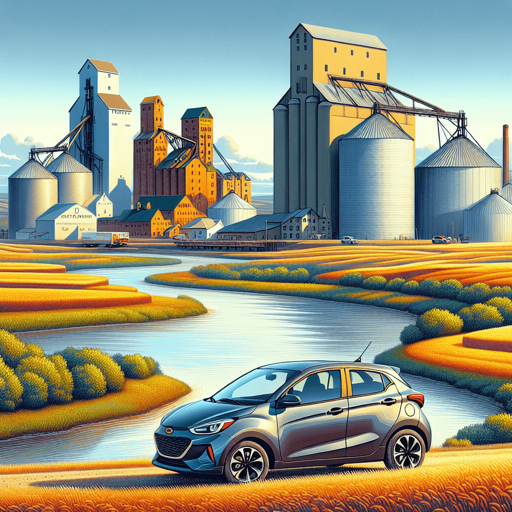 City car in Swift Current landscape with grain elevators and creek