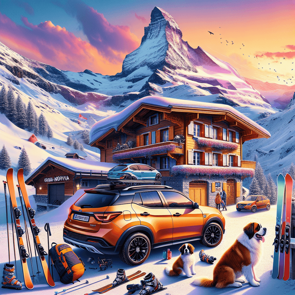 City car, charming chalet, St. Bernard dogs, and ski equipment against a snowy mountain backdrop with sunset