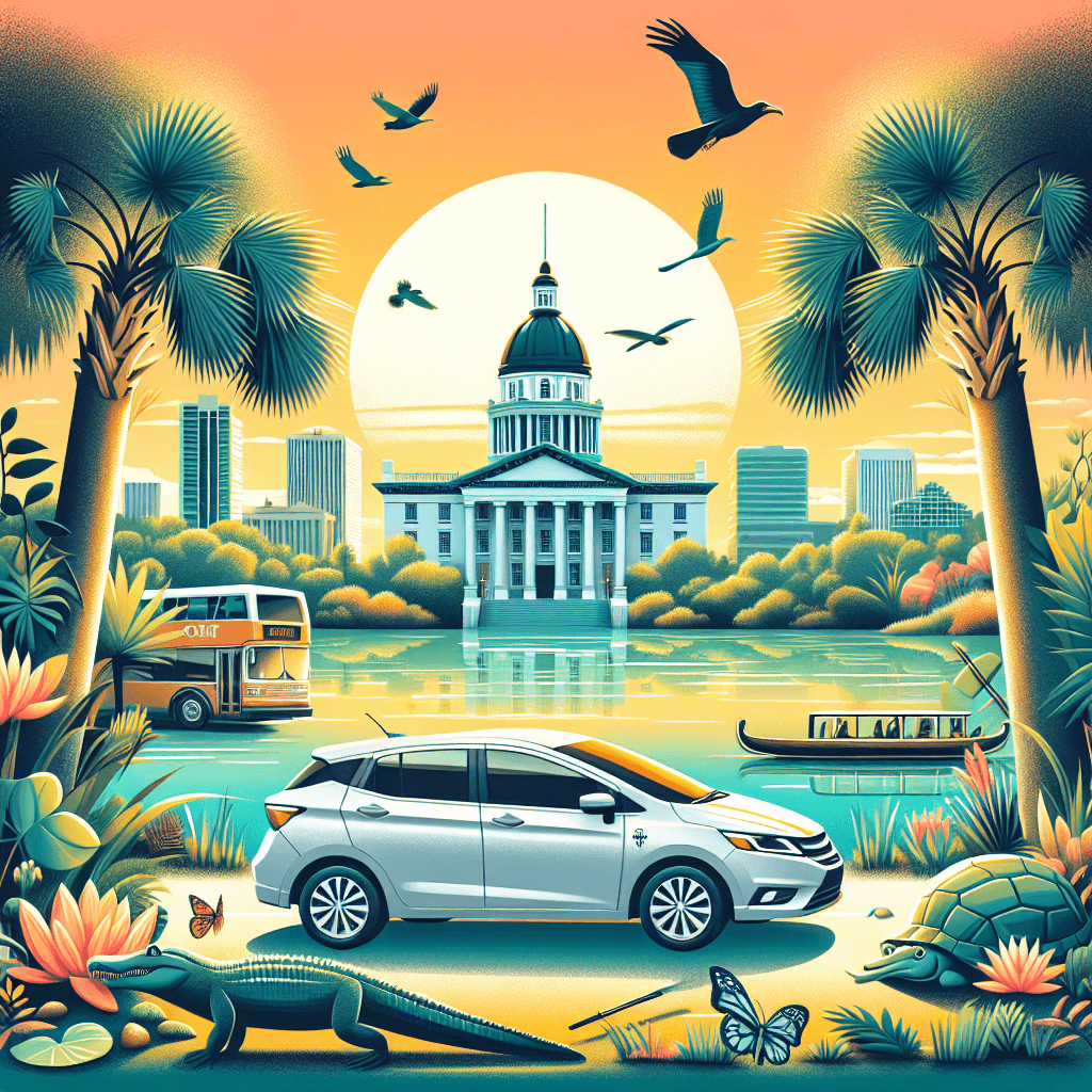 City car in Tallahassee with sunrise, Capitol, and wildlife