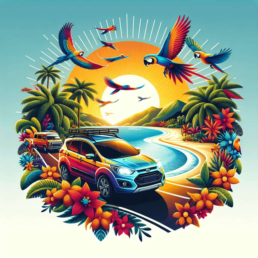 City car, palm beach, tropic birds, sunset over ocean