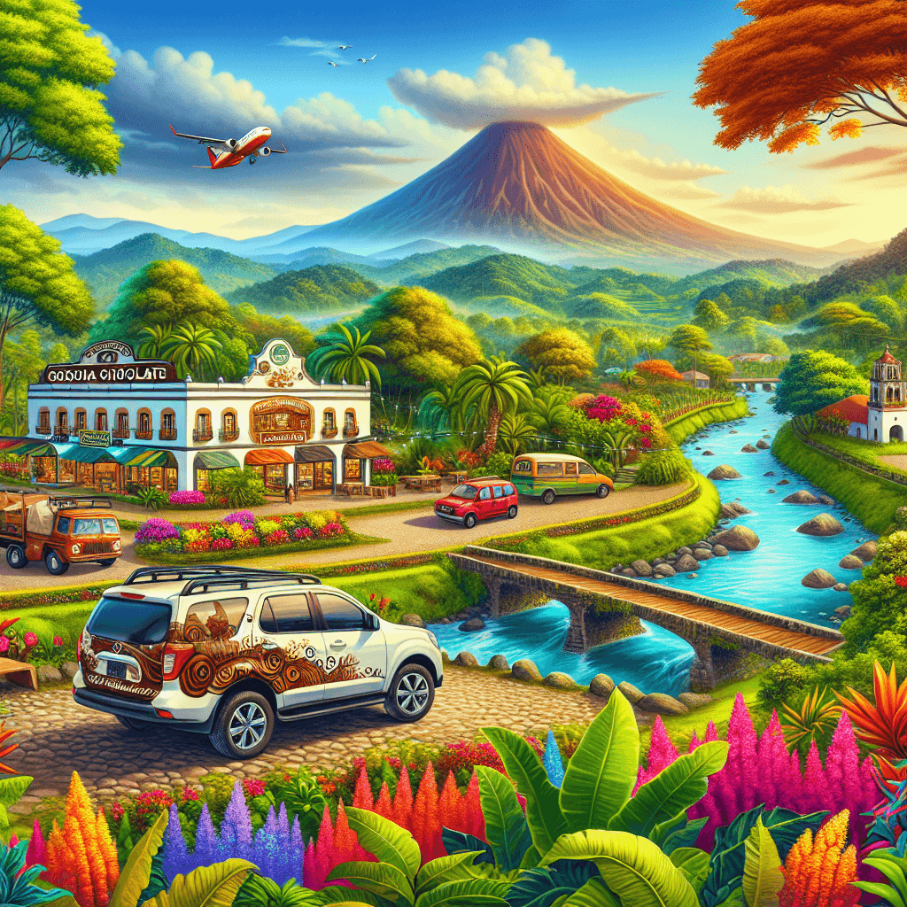 City car near coffee plantation and chocolate shop, river, stone bridge, tropical flowers, and volcano backdrop.