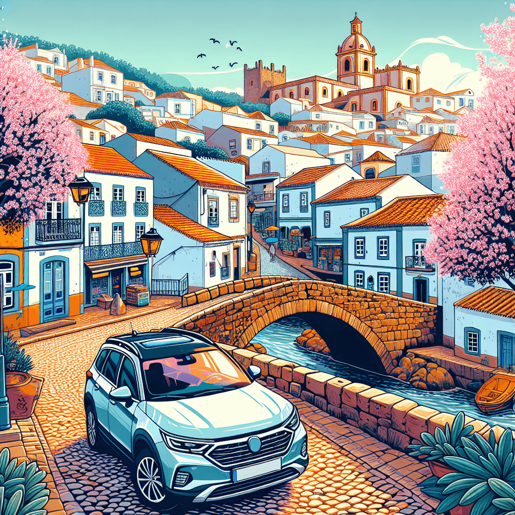 City car among cobbled streets, terracotta roofs, almond trees