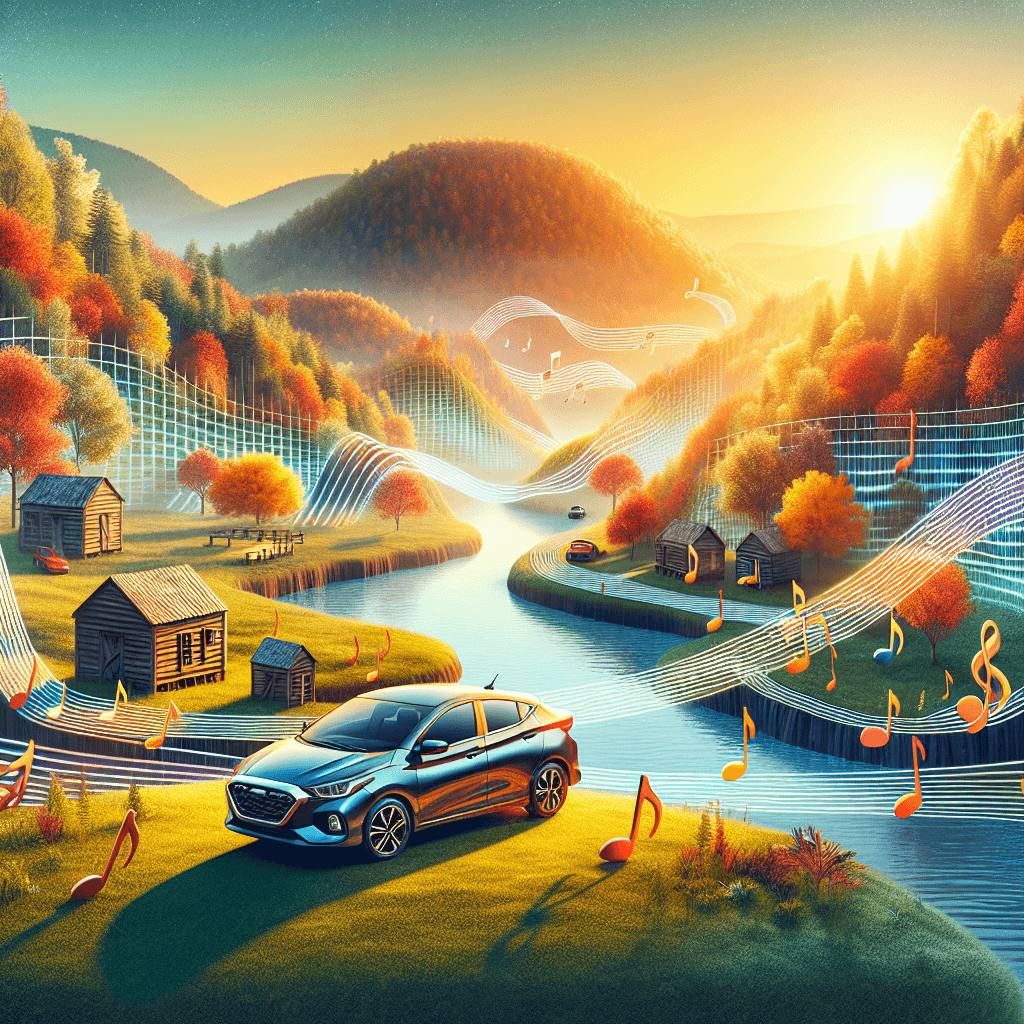 City car in Tennessee landscape with flowing river, cabins, and musical notes