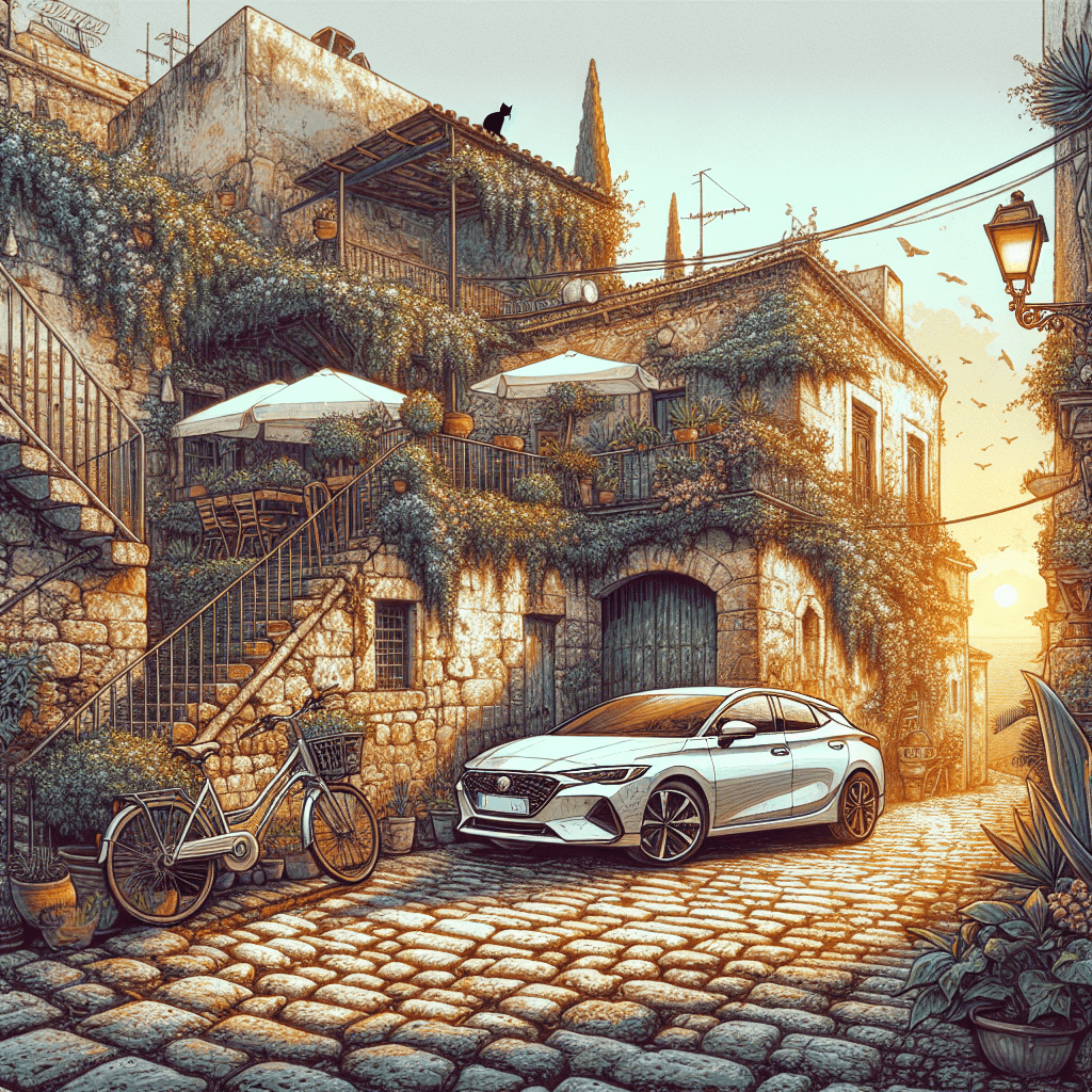 Urban car, cobblestone street, blossoming plants, ivy-covered wall