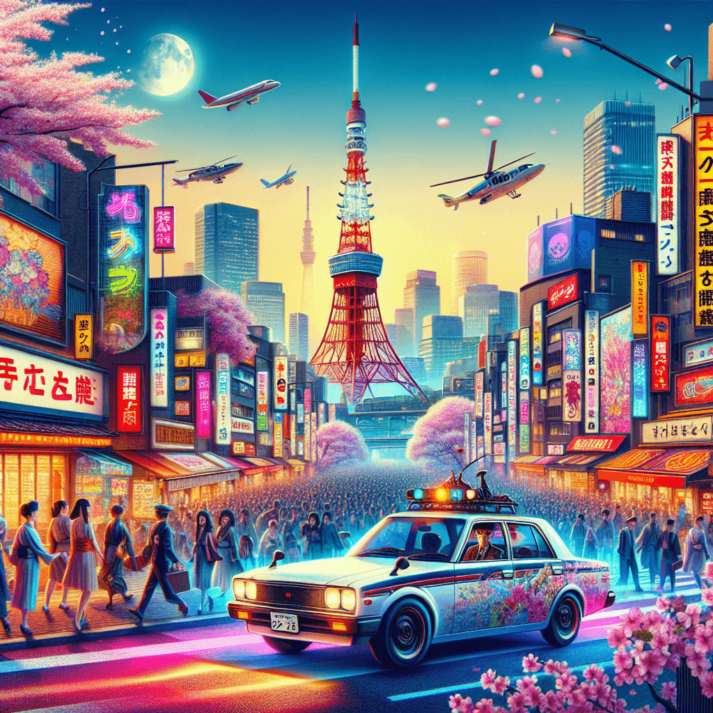 Coche de ciudad atravesando escena urbana de Tokio