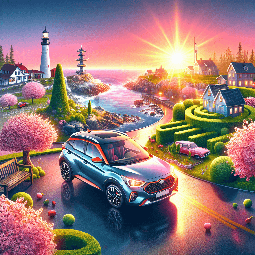 City car nestling in Traverse City's cherry bloom beach sunset