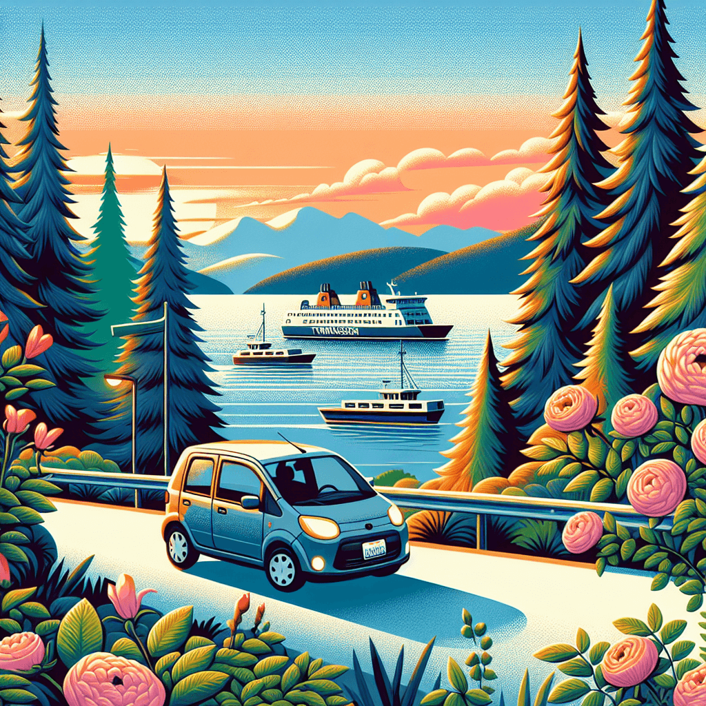 City car among pine trees, ferryboats, blooming roses, mountains