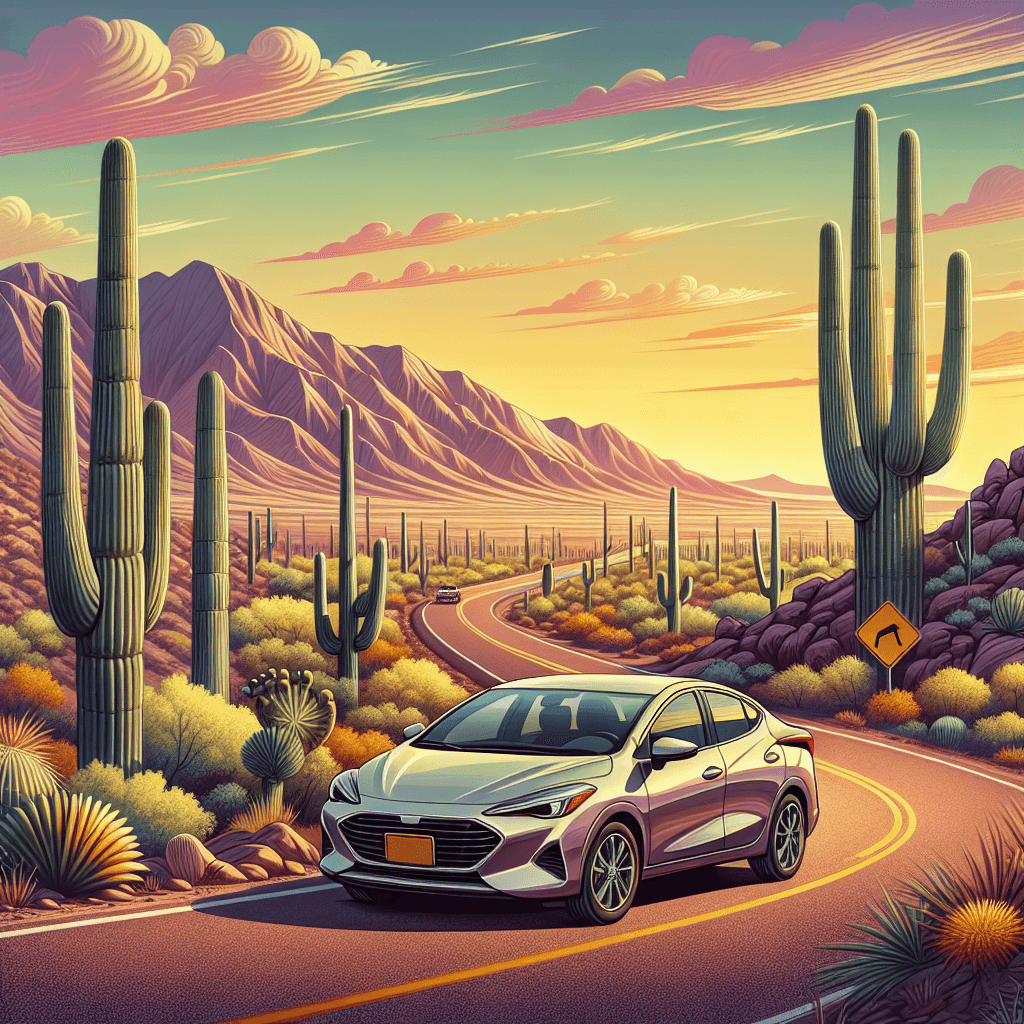 City car on a winding desert road, sunset, cacti, and mountains