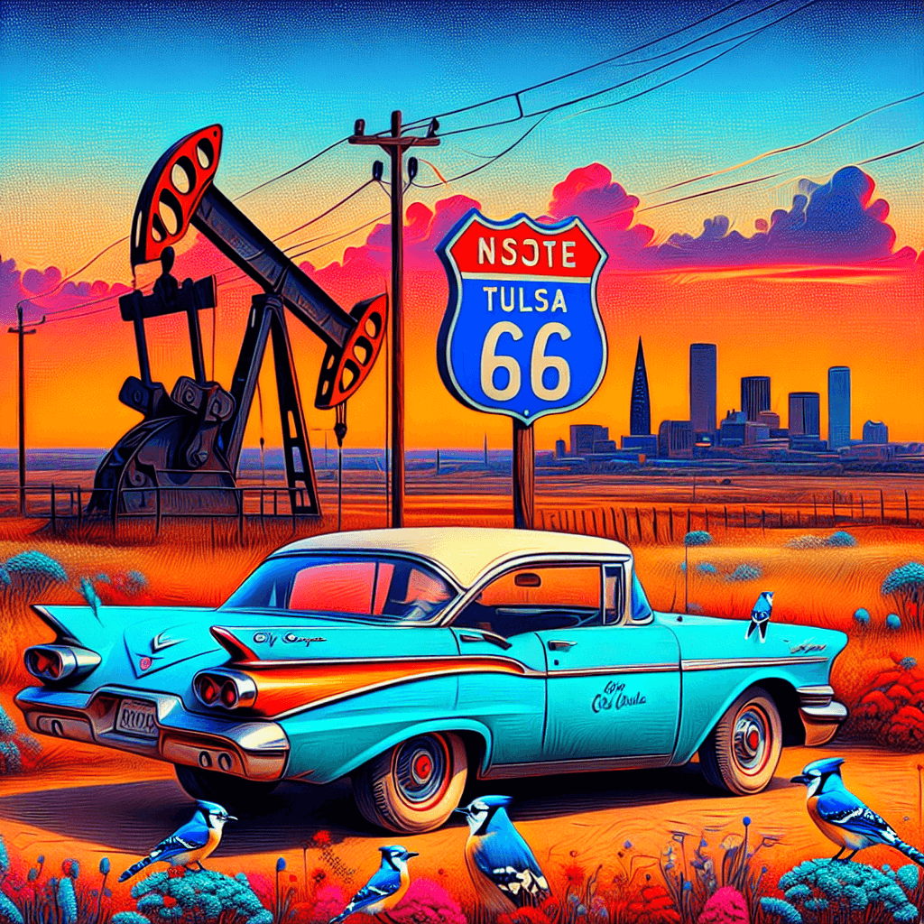 City car on Route 66, Blue Whale, sunset, Tulsa Skyline