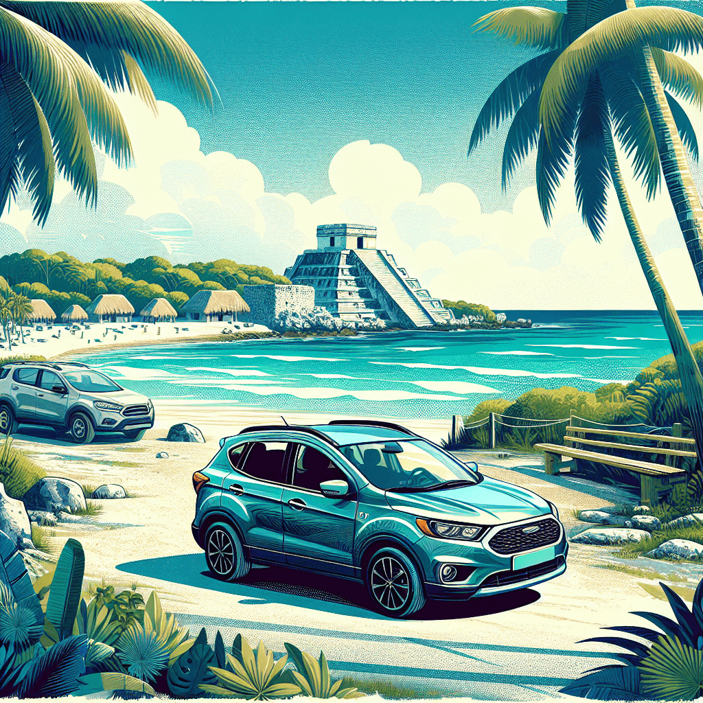 City car amidst Tulum's landscapes, ocean and Mayan ruins
