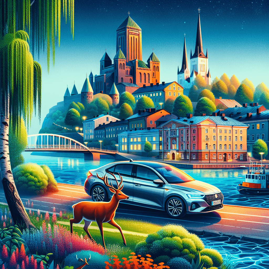 City car in Turku landscape featuring castle, church and deer