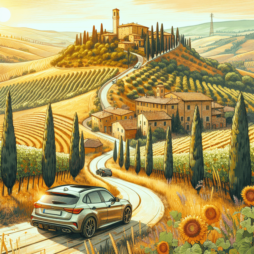 City car journeying through sunny Tuscany with vineyards and cypresses