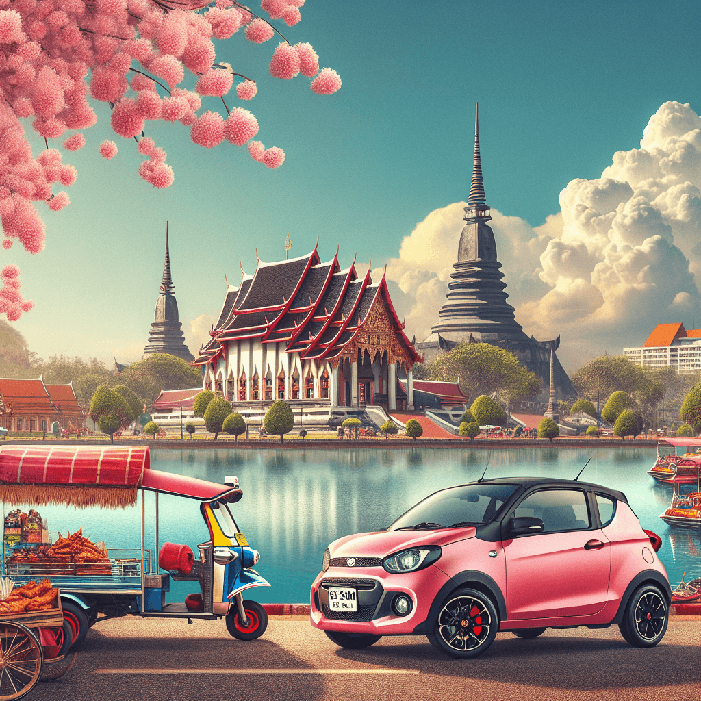 Compact car parked near Wat Phra That under cherry blossoms