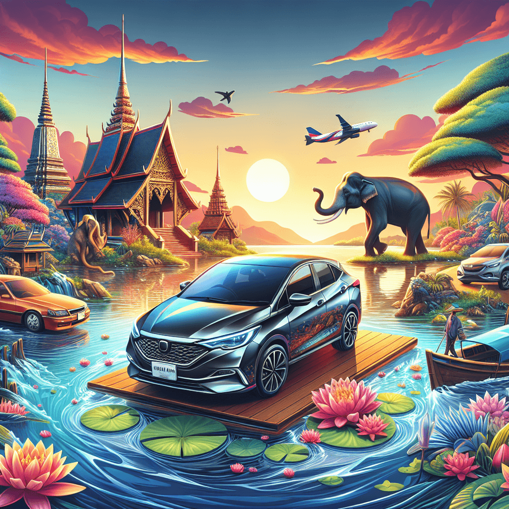City car amidst Udon Thani landscape, temples, lilies, elephant, sunset