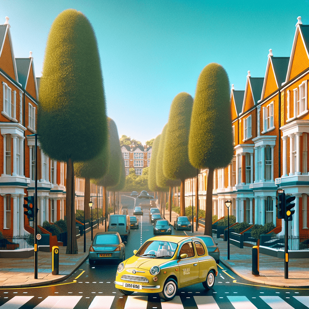City car in St Johns Wood, turquoise skies, Abbey Road crossing