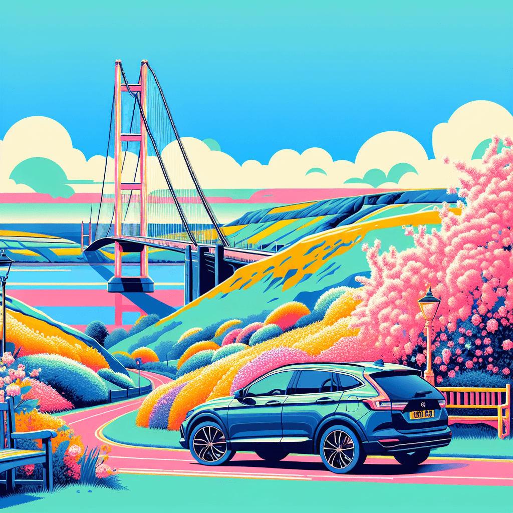 Urban car hire at Yorkshire, with Humber bridge, spring hedgerow and Wolds