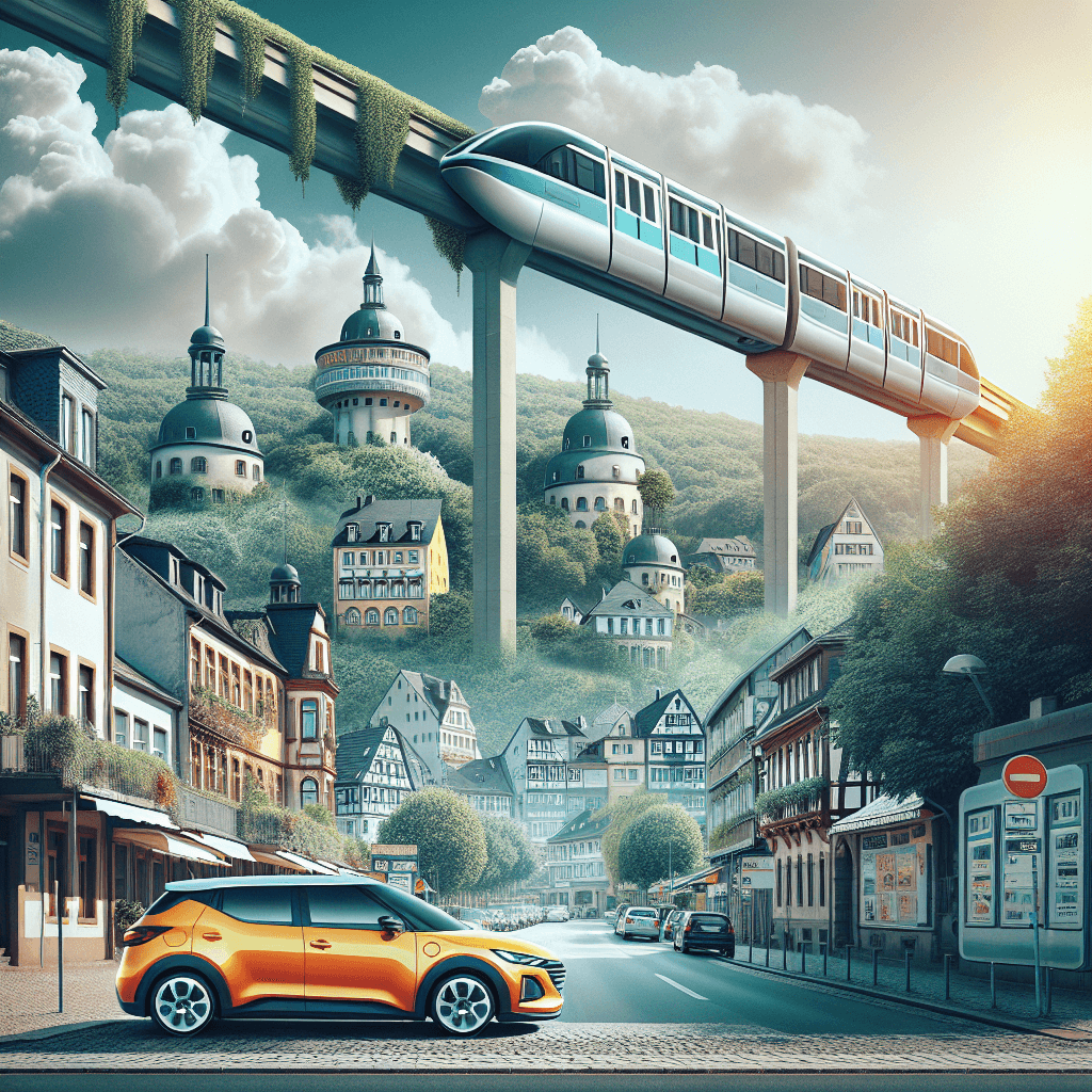 Urban car navigating Wuppertal, monorail and green valleys