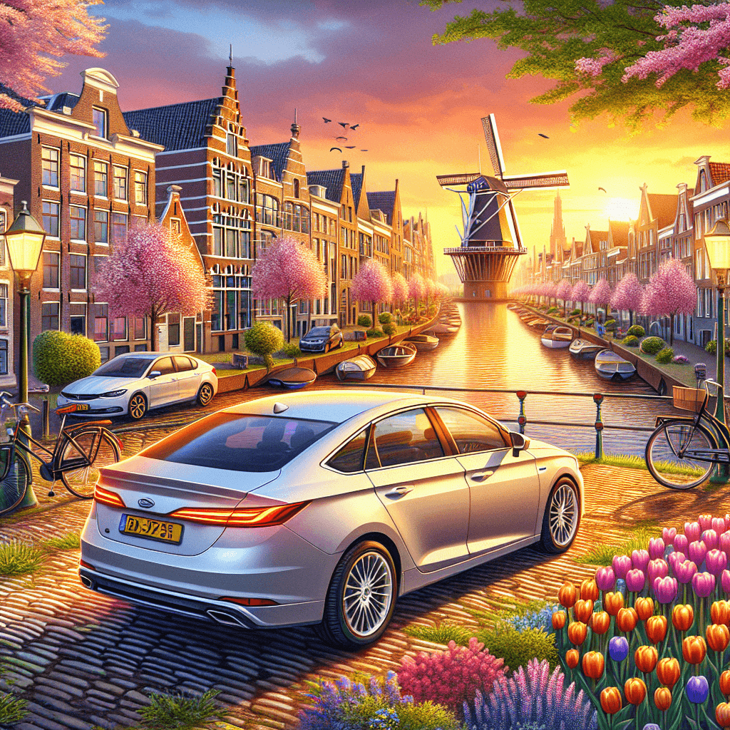 City car in Utrecht with bicycles, tulips, and windmills