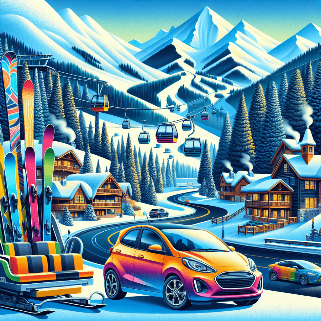 City car amidst Vail's snowy mountains, cabins, and ski gear