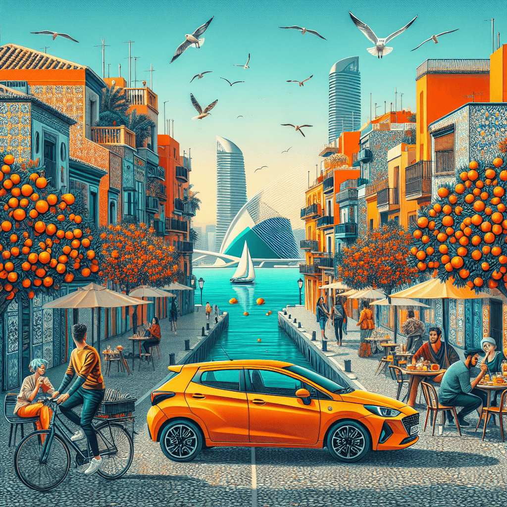 City car in Valencia with orange trees, sea, and paella