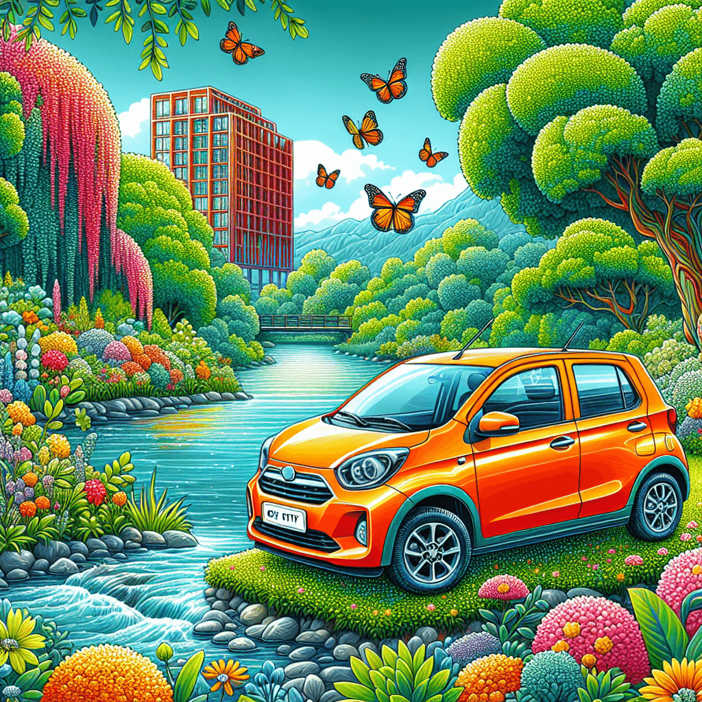 City car among blooming flowers by a river, red brick building in Vaughan