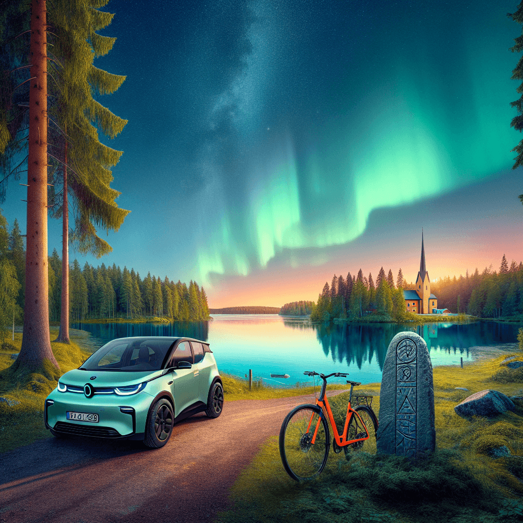 Colorful car in typical Växjö landscape with northern lights