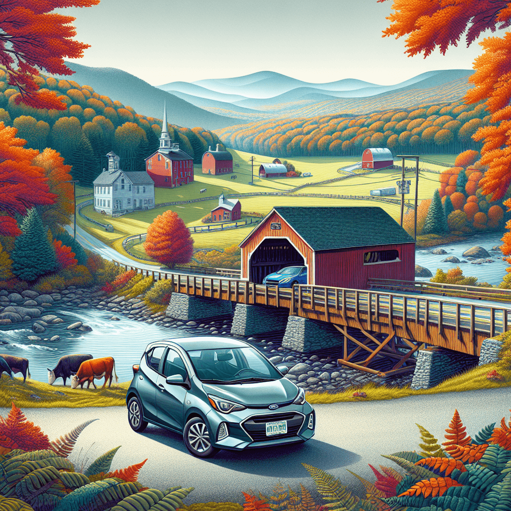 City car amidst autumnal maple trees, Vermont landscape