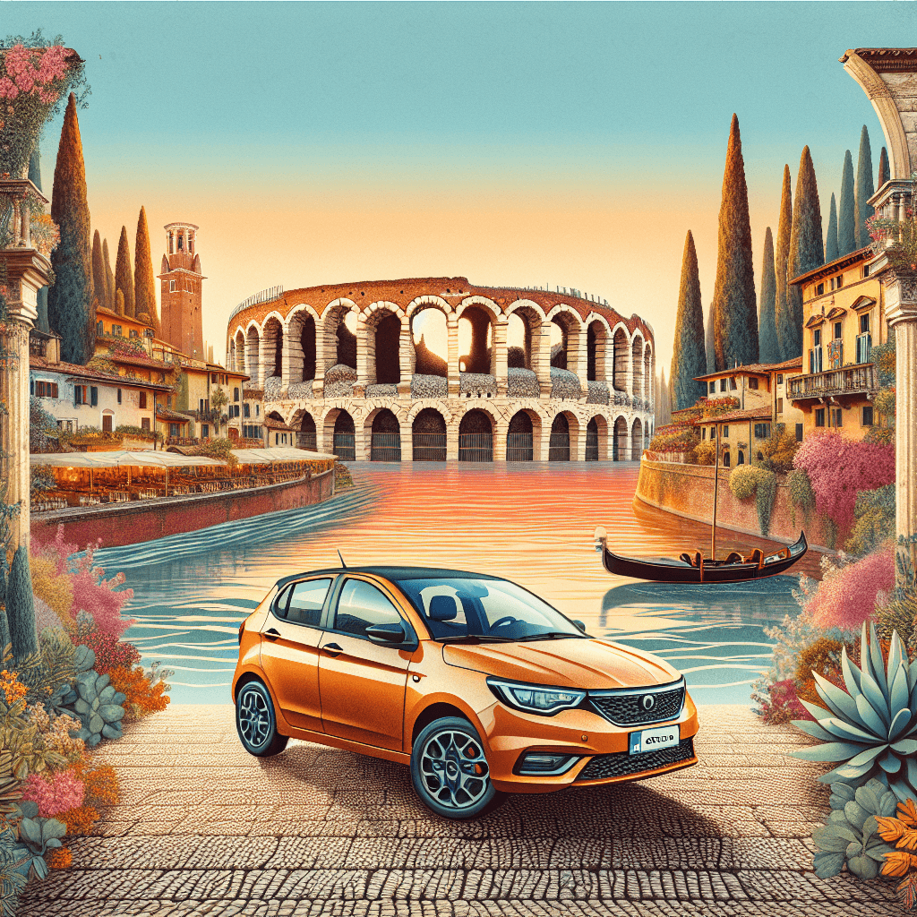 City car in Verona with amphitheater, river and romantic balconies