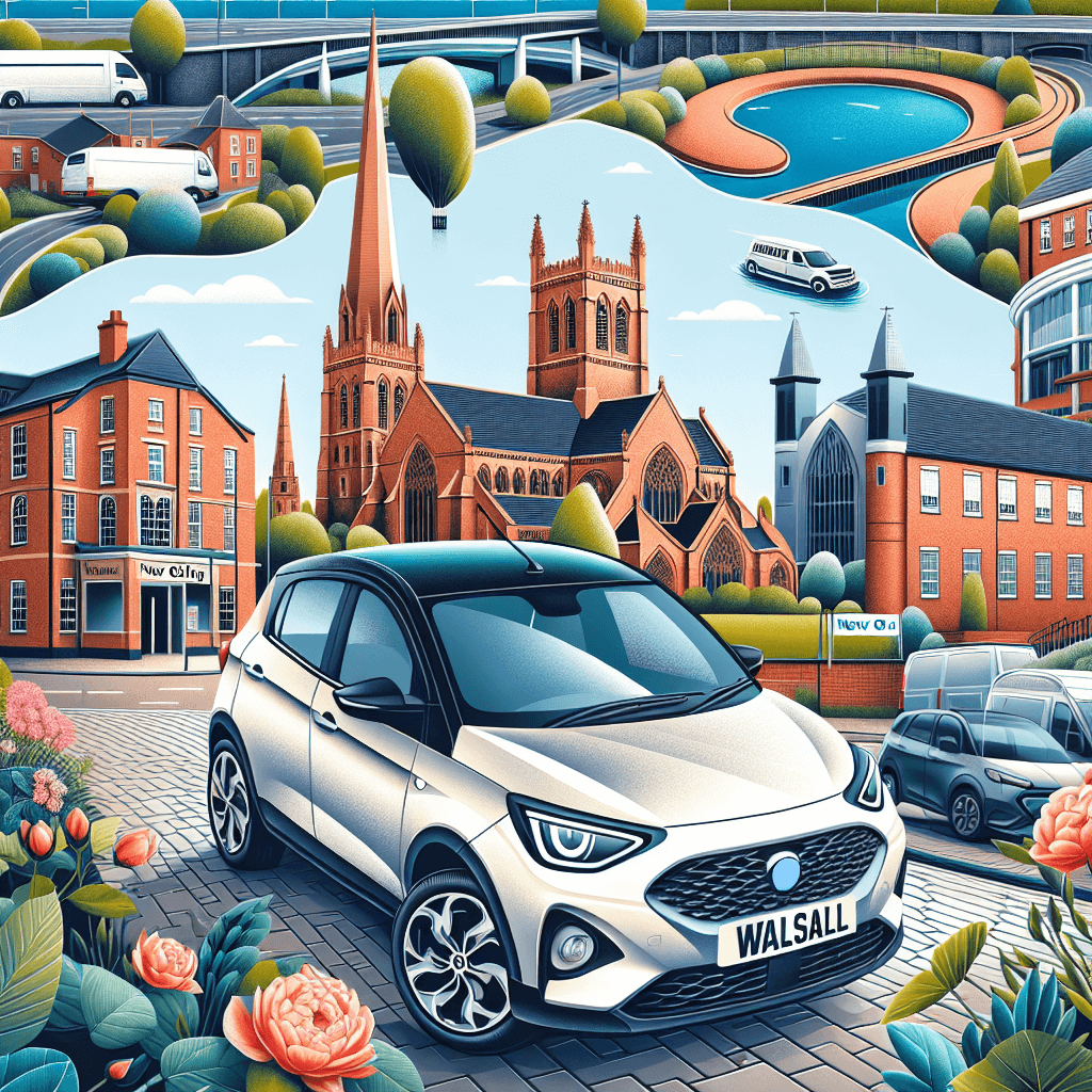 City car on cobblestone street, with iconic Walsall landmarks
