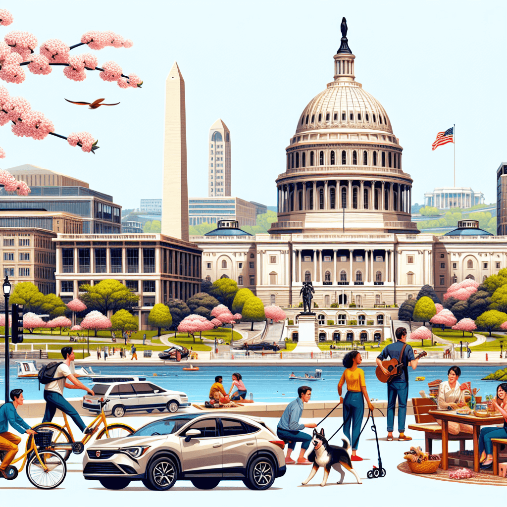 Car in Washington with landmarks, people biking, and picnicking
