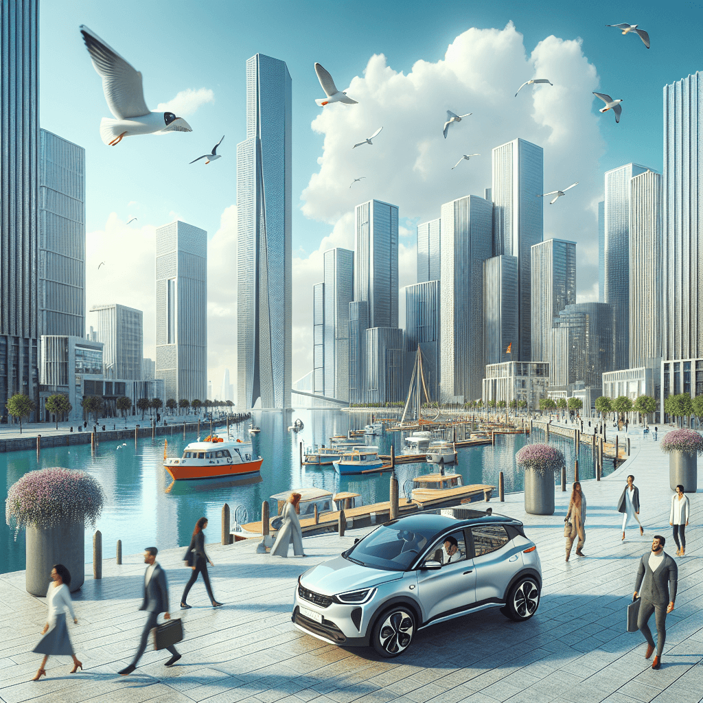City car in Canary Wharf, with skyscrapers, boats, seagulls, planters, and enthusiastic pedestrians.