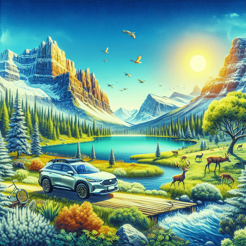 City car in Whistler landscape with deer, mountains and lake