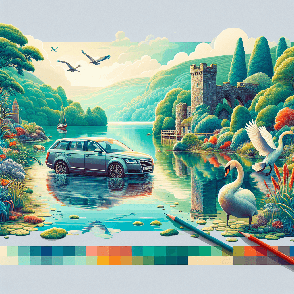 City car amidst Windermere heritage buildings, lush greenery, and swan